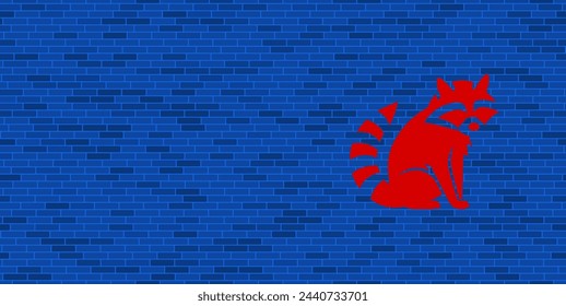 Pared de ladrillo azul con símbolo de mapache rojo grande. El símbolo se encuentra a la derecha, a la izquierda hay espacio vacío para su contenido. Ilustración vectorial sobre fondo azul