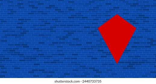Blue Brick Wall with large red kite symbol. The symbol is located on the right, on the left there is empty space for your content. Vector illustration on blue background