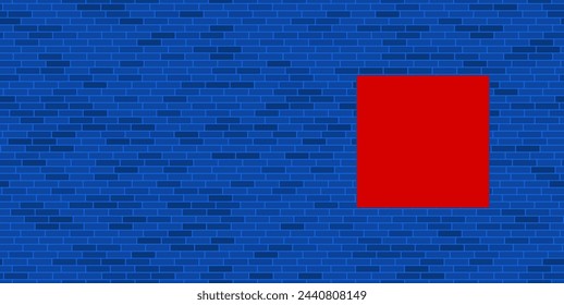 Blaue Ziegelmauer mit großem roten Rechteck. Das Symbol befindet sich auf der rechten Seite, auf der linken Seite gibt es freien Platz für Ihre Inhalte. Vektor-Illustration auf blauem Hintergrund