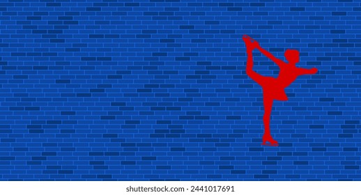 Blue Brick Wall with large red female figure skating symbol. The symbol is located on the right, on the left there is empty space for your content. Vector illustration on blue background