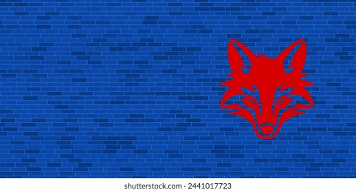 Blue Brick Wall with large red fox's head symbol. The symbol is located on the right, on the left there is empty space for your content. Vector illustration on blue background