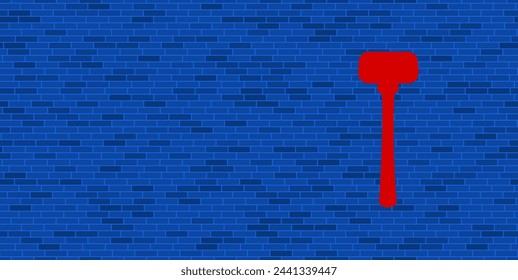 Blue Brick Wall with large red mallet symbol. The symbol is located on the right, on the left there is empty space for your content. Vector illustration on blue background