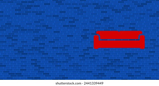 Pared de ladrillo azul con gran símbolo de sofá rojo. El símbolo se encuentra a la derecha, a la izquierda hay espacio vacío para su contenido. Ilustración vectorial sobre fondo azul