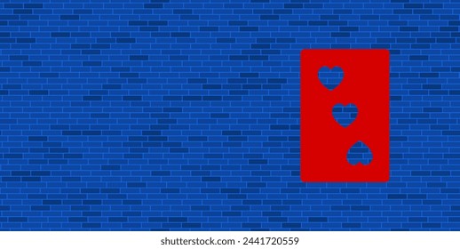 Blue Brick Wall with large red Three of hearts playing card. The symbol is located on the right, on the left there is empty space for your content. Vector illustration on blue background