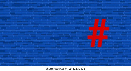 Blaue Ziegelmauer mit großem roten Hash-Symbol. Das Symbol befindet sich auf der rechten Seite, auf der linken Seite gibt es freien Platz für Ihre Inhalte. Vektor-Illustration auf blauem Hintergrund