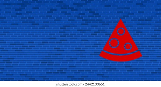Blue Brick Wall with large red slice of pizza. The symbol is located on the right, on the left there is empty space for your content. Vector illustration on blue background