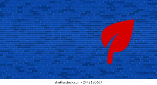 Blue Brick Wall with large red leaf symbol. The symbol is located on the right, on the left there is empty space for your content. Vector illustration on blue background