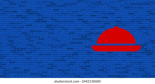 Blue Brick Wall with large red cloche symbol. The symbol is located on the right, on the left there is empty space for your content. Vector illustration on blue background