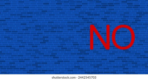 Blue Brick Wall with large red no symbol. The symbol is located on the right, on the left there is empty space for your content. Vector illustration on blue background