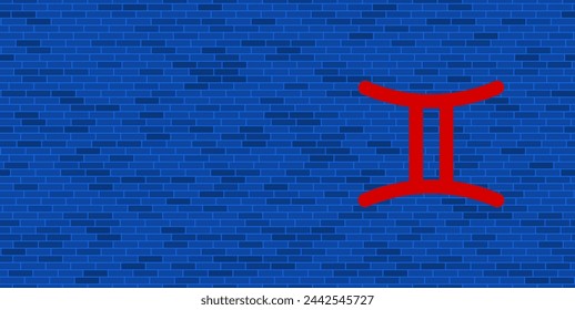 Pared de ladrillo azul con símbolo de gemini zodiac rojo grande. El símbolo se encuentra a la derecha, a la izquierda hay espacio vacío para su contenido. Ilustración vectorial sobre fondo azul