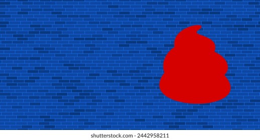 Pared de ladrillo azul con símbolo de caca roja grande. El símbolo se encuentra a la derecha, a la izquierda hay espacio vacío para su contenido. Ilustración vectorial sobre fondo azul