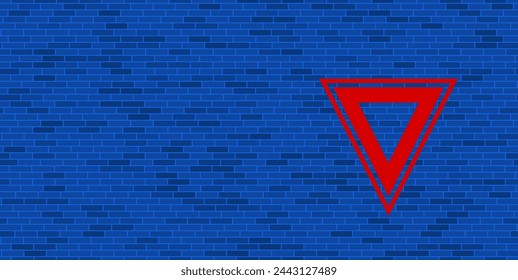Blue Brick Wall with large red give way sign. The symbol is located on the right, on the left there is empty space for your content. Vector illustration on blue background