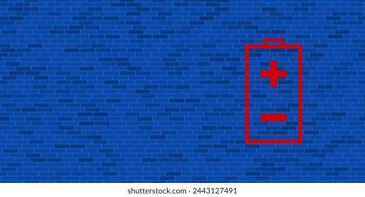 Blue Brick Wall with large red battery symbol. The symbol is located on the right, on the left there is empty space for your content. Vector illustration on blue background