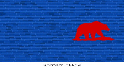 Blue Brick Wall with large red wild bear symbol. The symbol is located on the right, on the left there is empty space for your content. Vector illustration on blue background