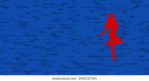 Blue Brick Wall with large red ballerina symbol. The symbol is located on the right, on the left there is empty space for your content. Vector illustration on blue background