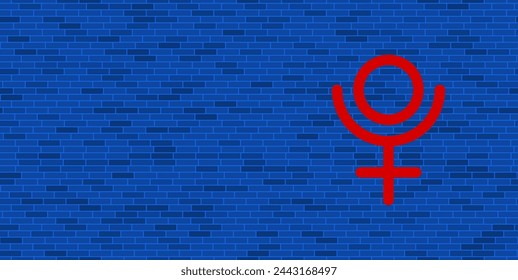 Pared de ladrillo azul con gran símbolo astrológico pluto rojo. El símbolo se encuentra a la derecha, a la izquierda hay espacio vacío para su contenido. Ilustración vectorial sobre fondo azul