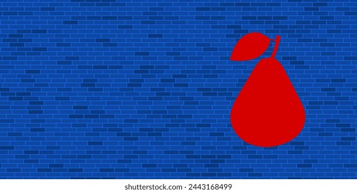 Blue Brick Wall with large red pear symbol. The symbol is located on the right, on the left there is empty space for your content. Vector illustration on blue background