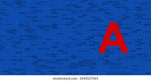 Blue Brick Wall with large red capital letter A symbol. The symbol is located on the right, on the left there is empty space for your content. Vector illustration on blue background