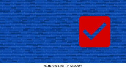 Blue Brick Wall with large red checkbox symbol. The symbol is located on the right, on the left there is empty space for your content. Vector illustration on blue background