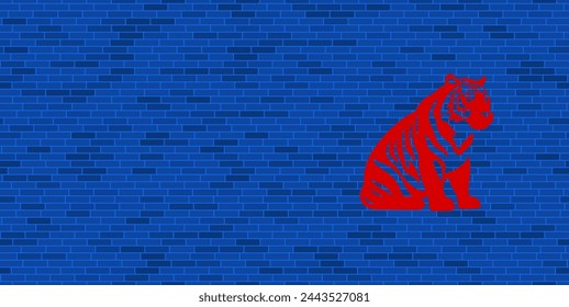 Blue Brick Wall with large red sitting tiger symbol. The symbol is located on the right, on the left there is empty space for your content. Vector illustration on blue background