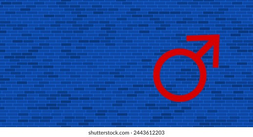 Blue Brick Wall with large red mars symbol. The symbol is located on the right, on the left there is empty space for your content. Vector illustration on blue background
