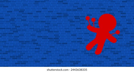 Blue Brick Wall with large red Voodoo Doll symbol. The symbol is located on the right, on the left there is empty space for your content. Vector illustration on blue background