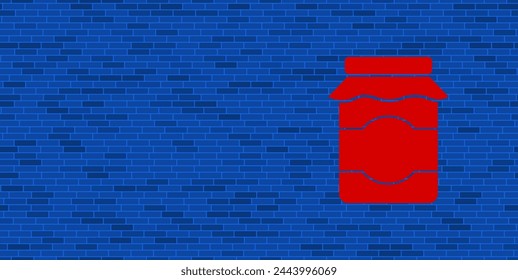Pared de ladrillo azul con gran frasco rojo de mermelada símbolo. El símbolo se encuentra a la derecha, a la izquierda hay espacio vacío para su contenido. Ilustración vectorial sobre fondo azul