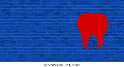 Blue Brick Wall with large red tooth symbol. The symbol is located on the right, on the left there is empty space for your content. Vector illustration on blue background
