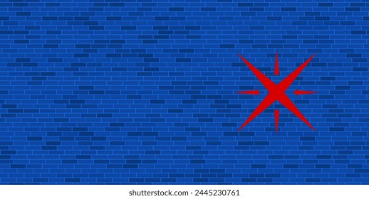 Blue Brick Wall with large red star symbol. The symbol is located on the right, on the left there is empty space for your content. Vector illustration on blue background
