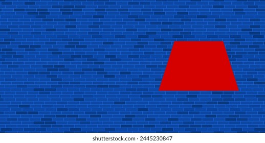 Blue Brick Wall with large red trapezoid symbol. The symbol is located on the right, on the left there is empty space for your content. Vector illustration on blue background