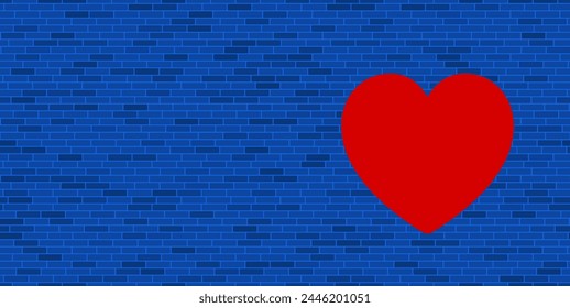 Blue Brick Wall with large red heart. The symbol is located on the right, on the left there is empty space for your content. Vector illustration on blue background