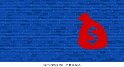 Blaue Ziegelmauer mit großem roten Geldsack-Symbol. Das Symbol befindet sich auf der rechten Seite, auf der linken Seite gibt es freien Platz für Ihre Inhalte. Vektorillustration auf blauem Hintergrund