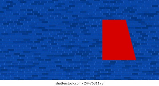 Blue Brick Wall with large red trapezium symbol. The symbol is located on the right, on the left there is empty space for your content. Vector illustration on blue background