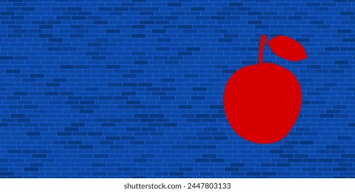 Blue Brick Wall with large red apple symbol. The symbol is located on the right, on the left there is empty space for your content. Vector illustration on blue background