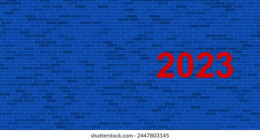 Blue Brick Wall with large red 2023 year symbol. The symbol is located on the right, on the left there is empty space for your content. Vector illustration on blue background
