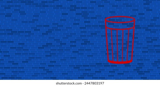 Blue Brick Wall with large red glass symbol. The symbol is located on the right, on the left there is empty space for your content. Vector illustration on blue background