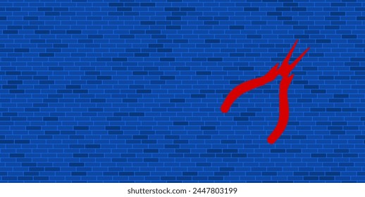 Blue Brick Wall with large red round pliers symbol. The symbol is located on the right, on the left there is empty space for your content. Vector illustration on blue background