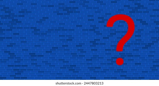 Blaue Ziegelwand mit großem rotem Fragesymbol. Das Symbol befindet sich auf der rechten Seite, auf der linken Seite gibt es freien Platz für Ihre Inhalte. Vektorillustration auf blauem Hintergrund