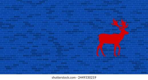 Blue Brick Wall with large red deer symbol. The symbol is located on the right, on the left there is empty space for your content. Vector illustration on blue background