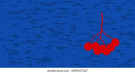 Blue Brick Wall with large red rowan berry. The symbol is located on the right, on the left there is empty space for your content. Vector illustration on blue background