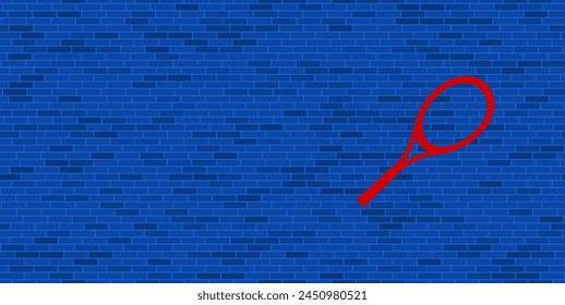 Blue Brick Wall with large red tennis racket symbol. The symbol is located on the right, on the left there is empty space for your content. Vector illustration on blue background