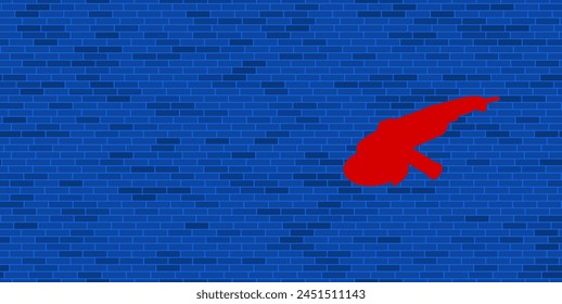 Blue Brick Wall with large red angle grinder symbol. The symbol is located on the right, on the left there is empty space for your content. Vector illustration on blue background
