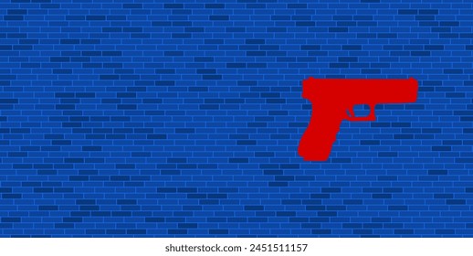 Blue Brick Wall with large red gun symbol. The symbol is located on the right, on the left there is empty space for your content. Vector illustration on blue background