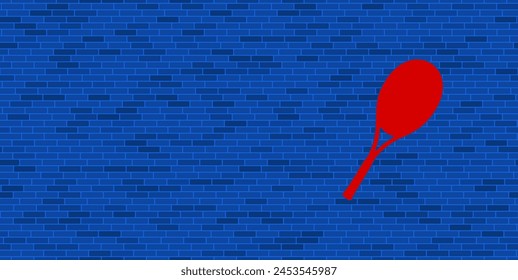 Blue Brick Wall with large red tennis racket symbol. The symbol is located on the right, on the left there is empty space for your content. Vector illustration on blue background
