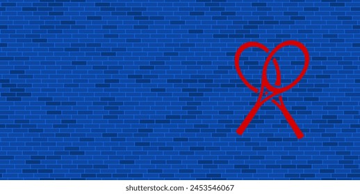 Blue Brick Wall with large red crossed tennis rackets symbol. The symbol is located on the right, on the left there is empty space for your content. Vector illustration on blue background