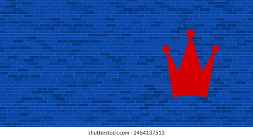 Blue Brick Wall with large red crown symbol. The symbol is located on the right, on the left there is empty space for your content. Vector illustration on blue background