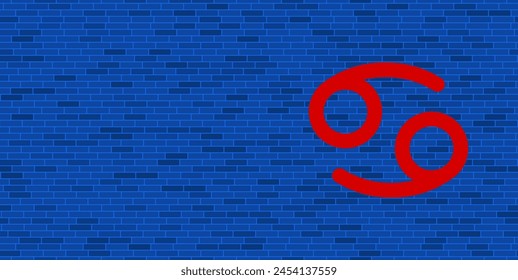 Blue Brick Wall with large red cancer zodiac symbol. The symbol is located on the right, on the left there is empty space for your content. Vector illustration on blue background
