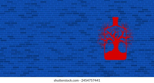 Blue Brick Wall with large red mystical tree in bottle symbol. The symbol is located on the right, on the left there is empty space for your content. Vector illustration on blue background