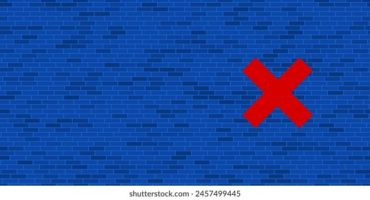 Blue Brick Wall with large red multiplication symbol. The symbol is located on the right, on the left there is empty space for your content. Vector illustration on blue background