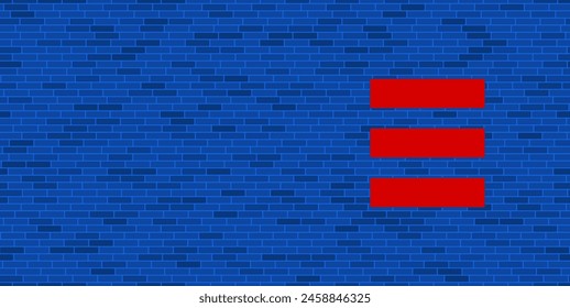 Blue Brick Wall with large red identity symbol. The symbol is located on the right, on the left there is empty space for your content. Vector illustration on blue background